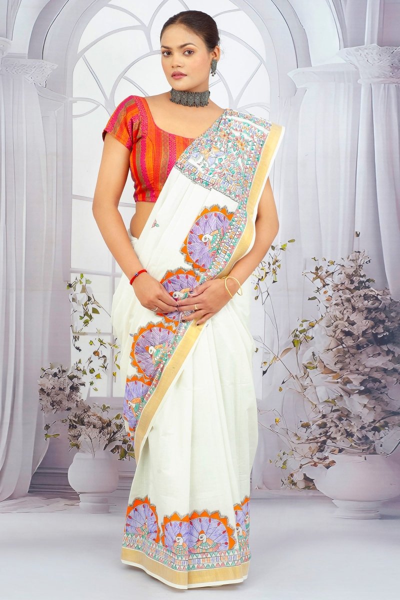 Eternal Grace – Madhubani Hand - Painted Kerala Cotton Saree - swadeshsouq.com