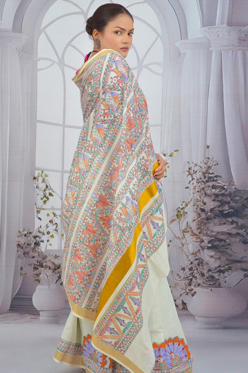 Eternal Grace – Madhubani Hand - Painted Kerala Cotton Saree - swadeshsouq.com