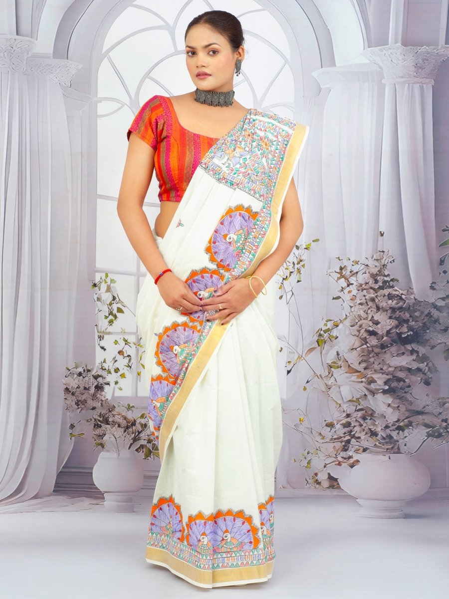Eternal Grace – Madhubani Hand - Painted Kerala Cotton Saree - swadeshsouq.com