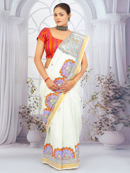 Eternal Grace – Madhubani Hand - Painted Kerala Cotton Saree - swadeshsouq.com