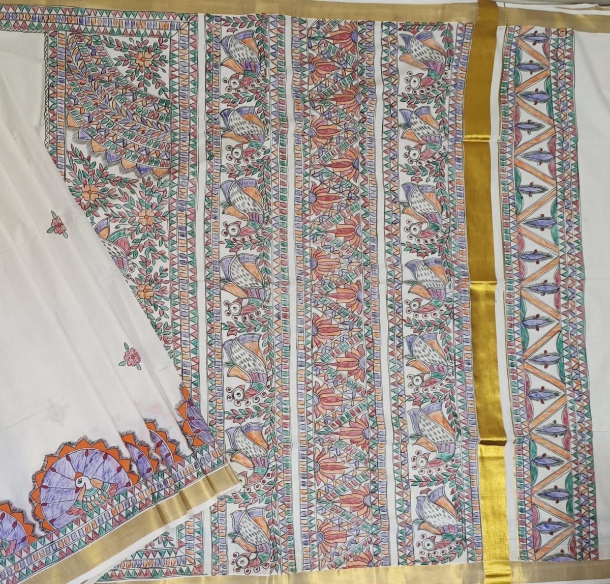 Eternal Grace – Madhubani Hand - Painted Kerala Cotton Saree - swadeshsouq.com