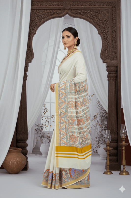 Eternal Grace – Madhubani Hand - Painted Kerala Cotton Saree - swadeshsouq.com