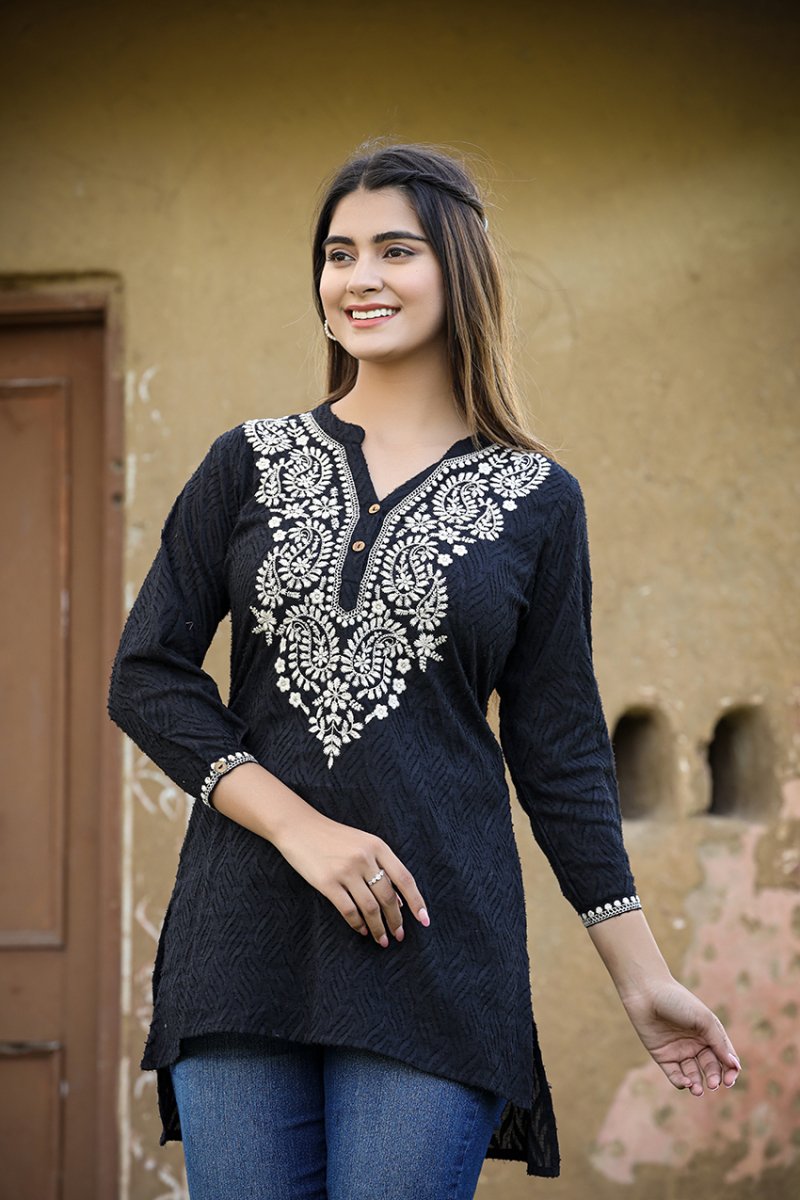 Ethereal Black Chikankari Embroidered Cotton Top - swadeshsouq.com