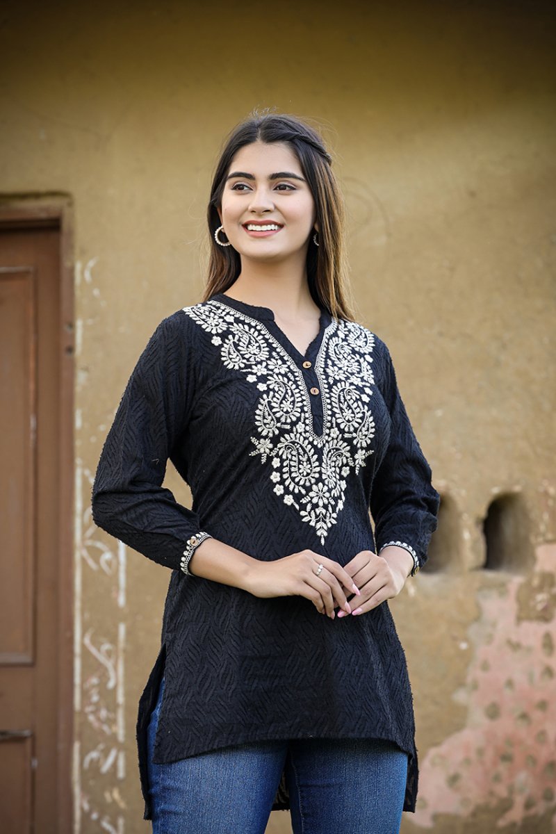 Ethereal Black Chikankari Embroidered Cotton Top - swadeshsouq.com