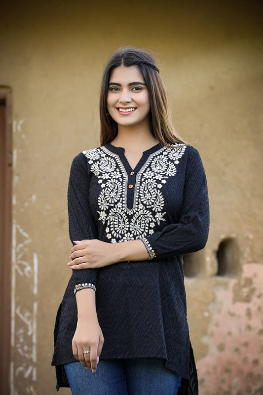 Ethereal Black Chikankari Embroidered Cotton Top - swadeshsouq.com