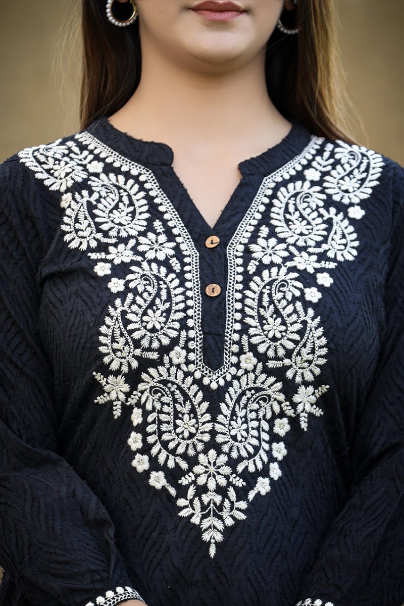 Ethereal Black Chikankari Embroidered Cotton Top - swadeshsouq.com