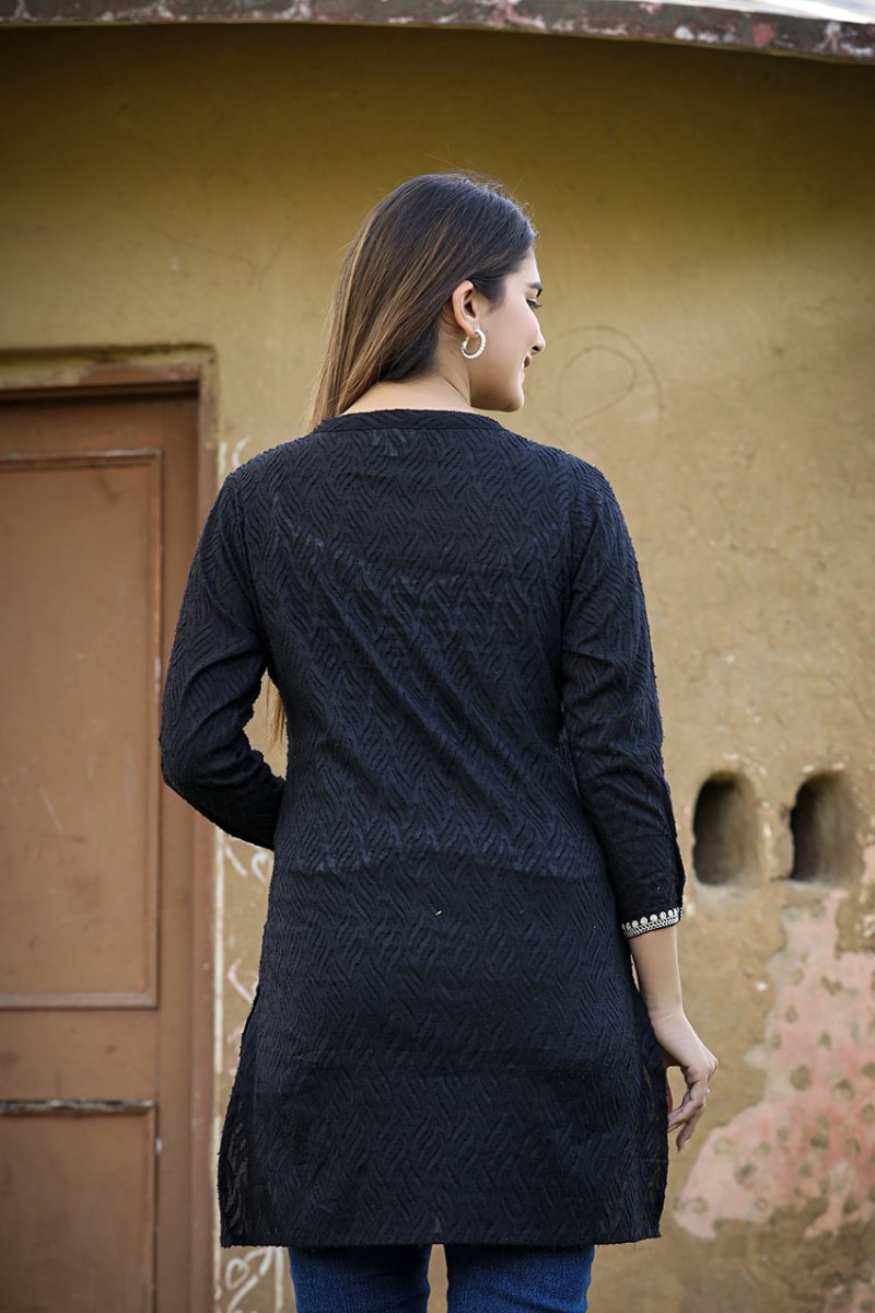 Ethereal Black Chikankari Embroidered Cotton Top - swadeshsouq.com