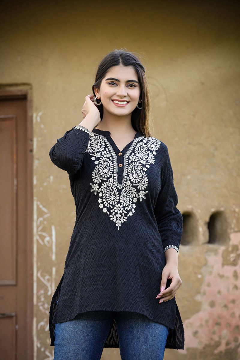 Ethereal Black Chikankari Embroidered Cotton Top - swadeshsouq.com