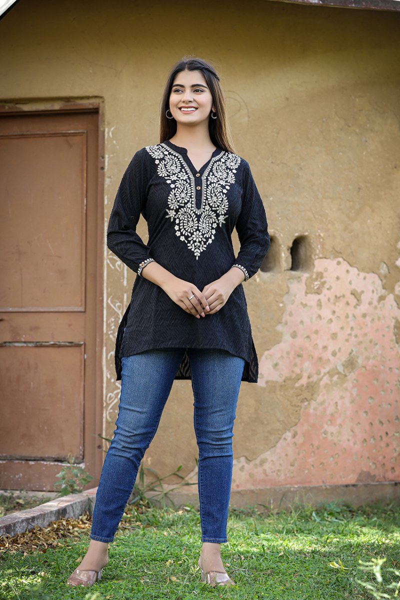 Ethereal Black Chikankari Embroidered Cotton Top - swadeshsouq.com