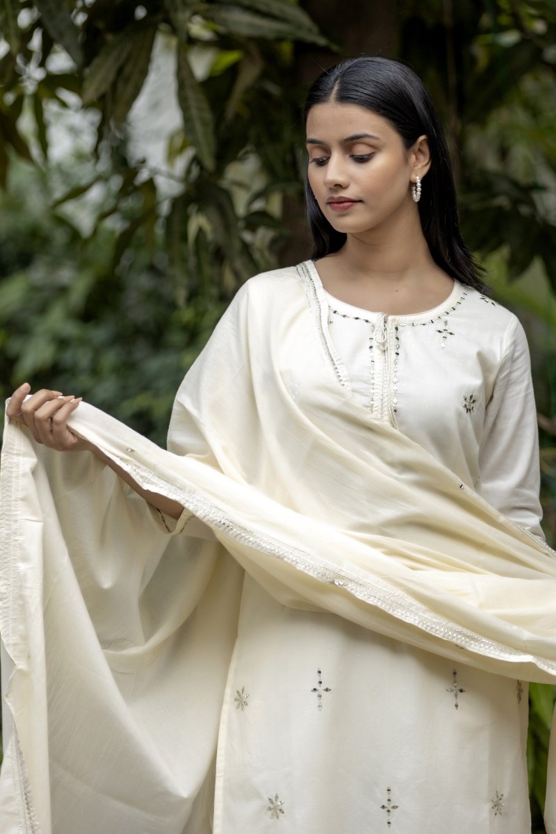 Ethereal Elegance Off - White Mirror Embroidery Cotton Kurta Pant Set with Dupatta - swadeshsouq.com