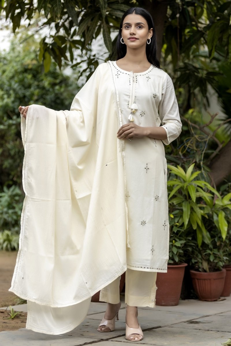 Ethereal Elegance Off - White Mirror Embroidery Cotton Kurta Pant Set with Dupatta - swadeshsouq.com