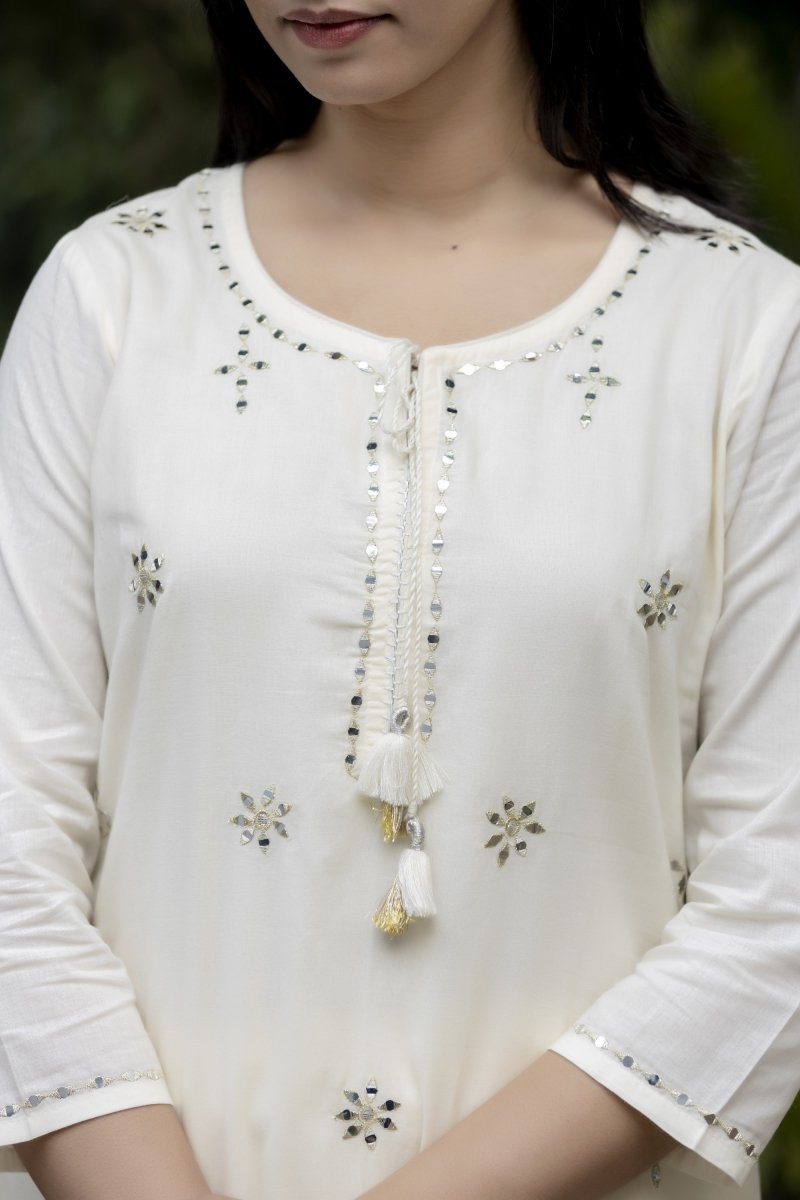 Ethereal Elegance Off - White Mirror Embroidery Cotton Kurta Pant Set with Dupatta - swadeshsouq.com