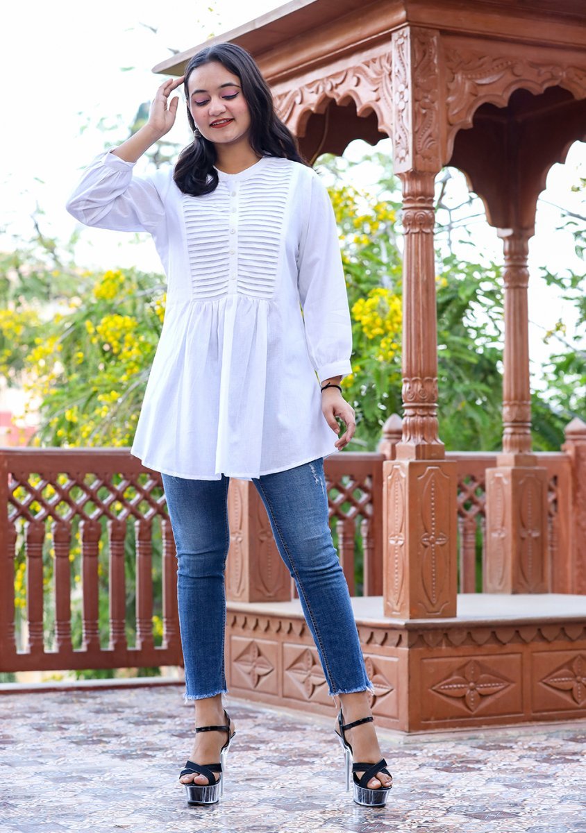 Ethereal Pastel White Cotton Tunic Top - swadeshsouq.com