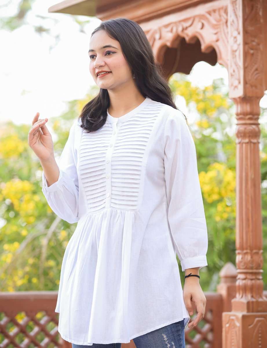 Ethereal Pastel White Cotton Tunic Top - swadeshsouq.com