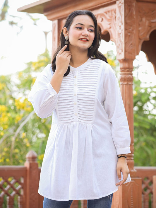 Ethereal Pastel White Cotton Tunic Top - swadeshsouq.com