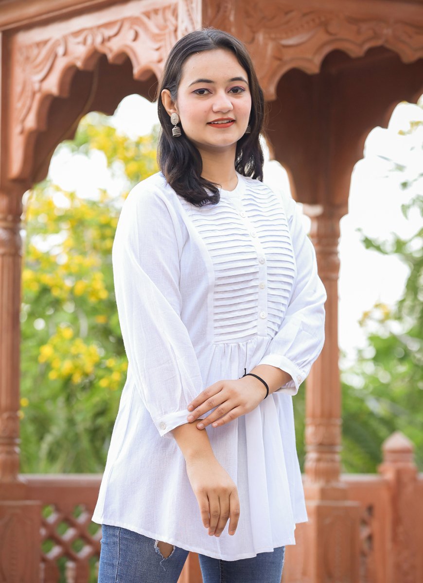 Ethereal Pastel White Cotton Tunic Top - swadeshsouq.com