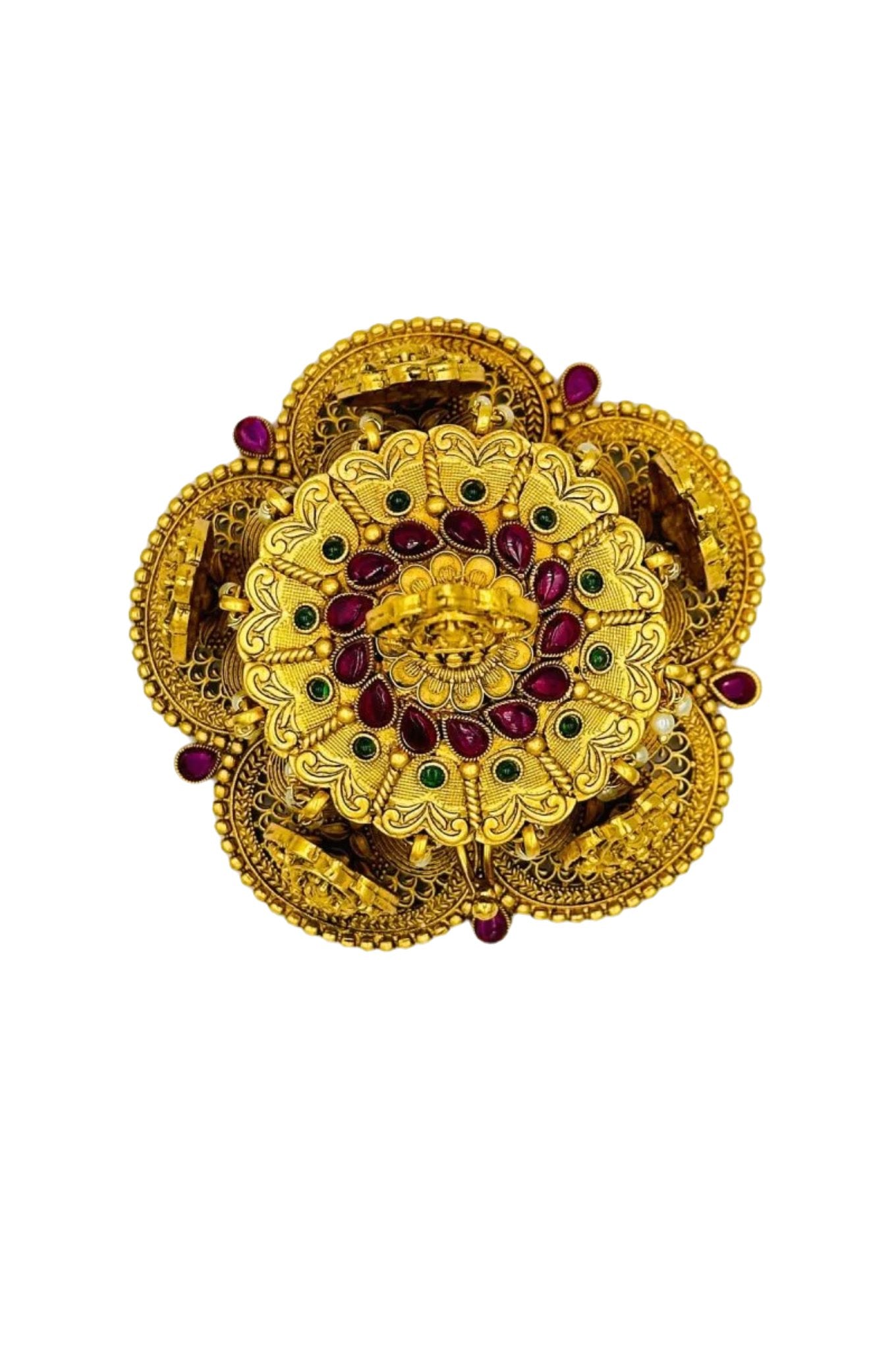 Exquisite Brass Kumkum Box with Kempstones and Lakshmi Motifs - swadeshsouq.com