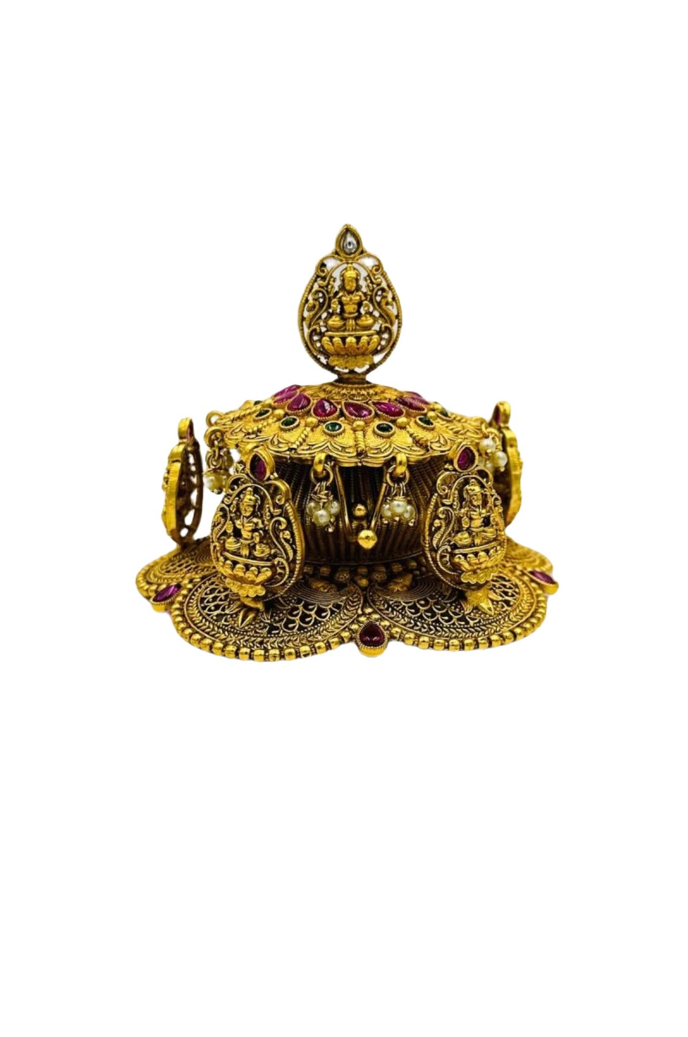 Exquisite Brass Kumkum Box with Kempstones and Lakshmi Motifs - swadeshsouq.com