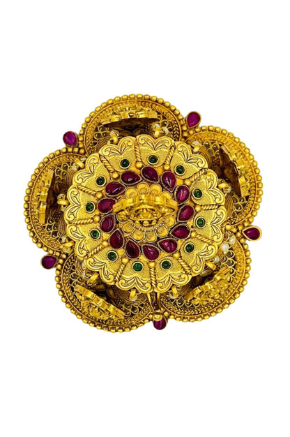 Exquisite Brass Kumkum Box with Kempstones and Lakshmi Motifs - swadeshsouq.com