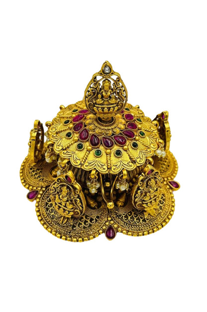 Exquisite Brass Kumkum Box with Kempstones and Lakshmi Motifs - swadeshsouq.com