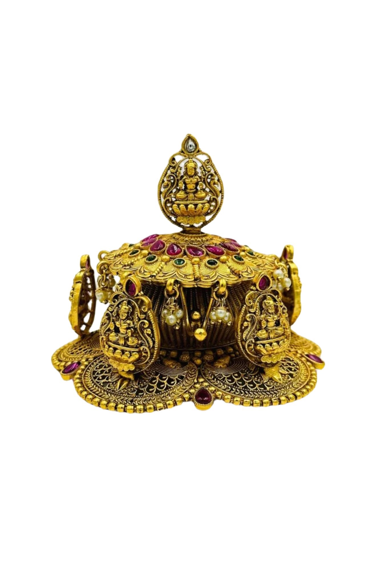 Exquisite Brass Kumkum Box with Kempstones and Lakshmi Motifs - swadeshsouq.com