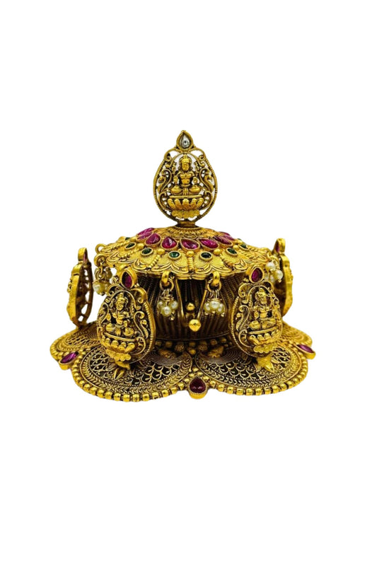 Exquisite Brass Kumkum Box with Kempstones and Lakshmi Motifs - swadeshsouq.com