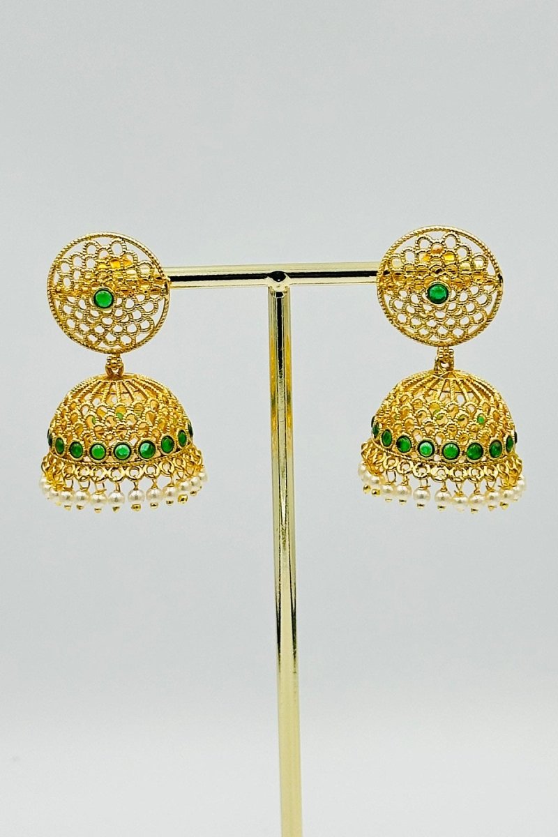 Exquisite Gold - Toned Filigree Jhumkas with Green Stone and Pearl Detailing - swadeshsouq.com