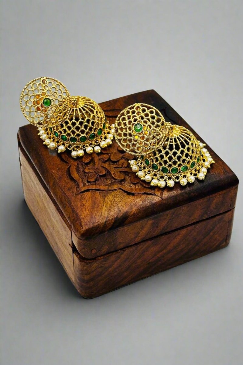 Exquisite Gold - Toned Filigree Jhumkas with Green Stone and Pearl Detailing - swadeshsouq.com