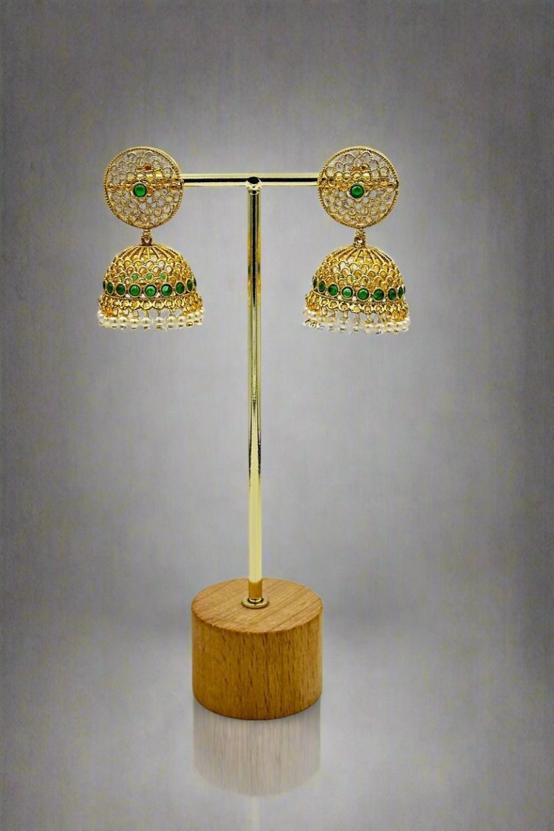 Exquisite Gold - Toned Filigree Jhumkas with Green Stone and Pearl Detailing - swadeshsouq.com