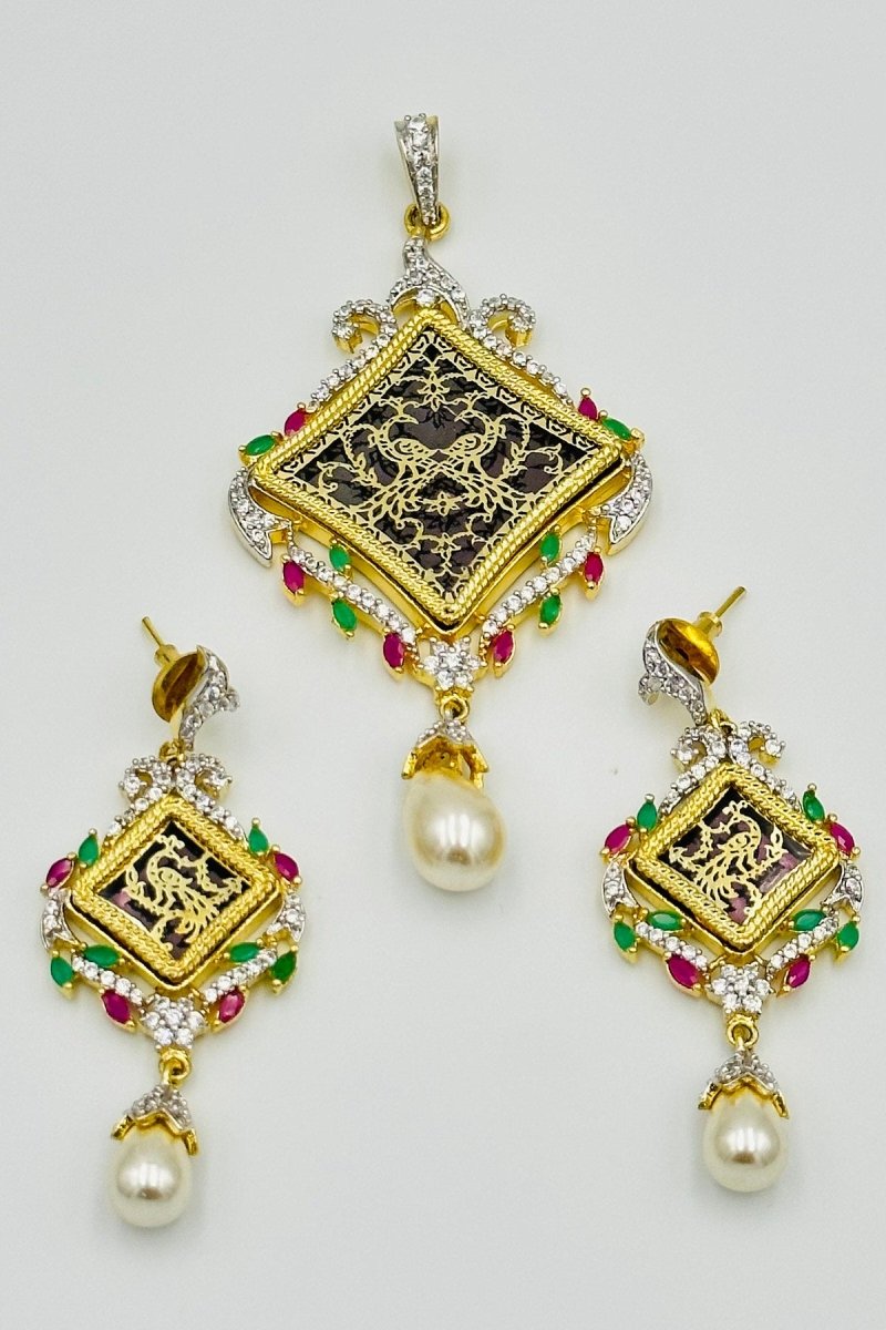 Exquisite Meenakari Pendant Set with CZ Stones and Pearl Drops - swadeshsouq.com