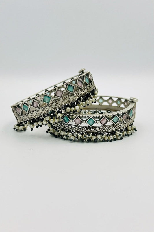 Exquisite Silver Bangles with Blush Pink and Turquoise Blue Crystal Stones and Pearls - swadeshsouq.com