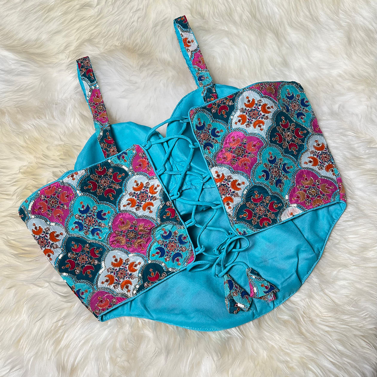 Blue Viscose Crepe Sleeveless Blouse with Sequin Embroidery | Size 32–40