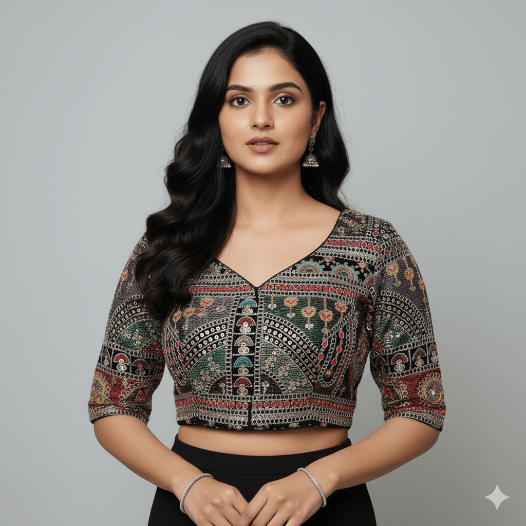 Festive Black Georgette Blouse with Multicolour Embroidery – 7” Sleeves, Laced Back - swadeshsouq.com