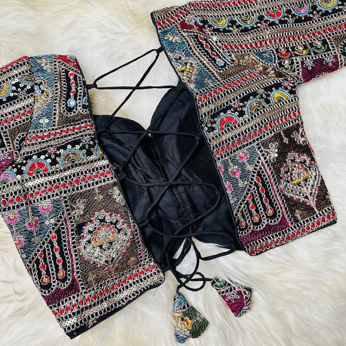 Festive Black Georgette Blouse with Multicolour Embroidery – 7” Sleeves, Laced Back - swadeshsouq.com