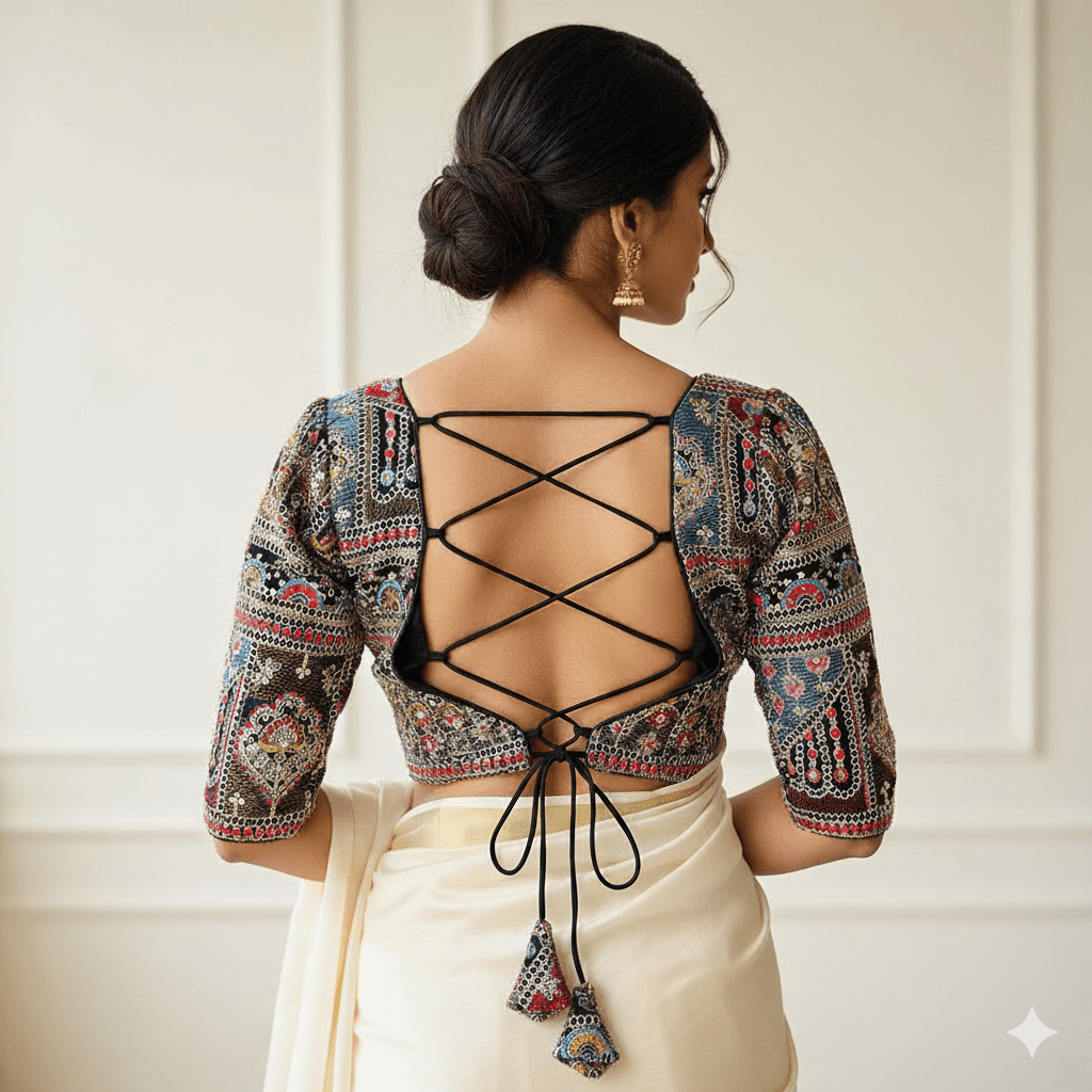 Festive Black Georgette Blouse with Multicolour Embroidery – 7” Sleeves, Laced Back - swadeshsouq.com