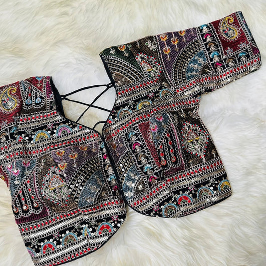 Festive Black Georgette Blouse with Multicolour Embroidery – 7” Sleeves, Laced Back - swadeshsouq.com