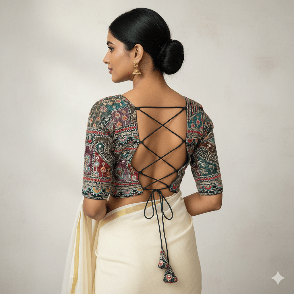 Festive Green Georgette Blouse with Multicolour Embroidery – 7” Sleeves, Laced Back - swadeshsouq.com