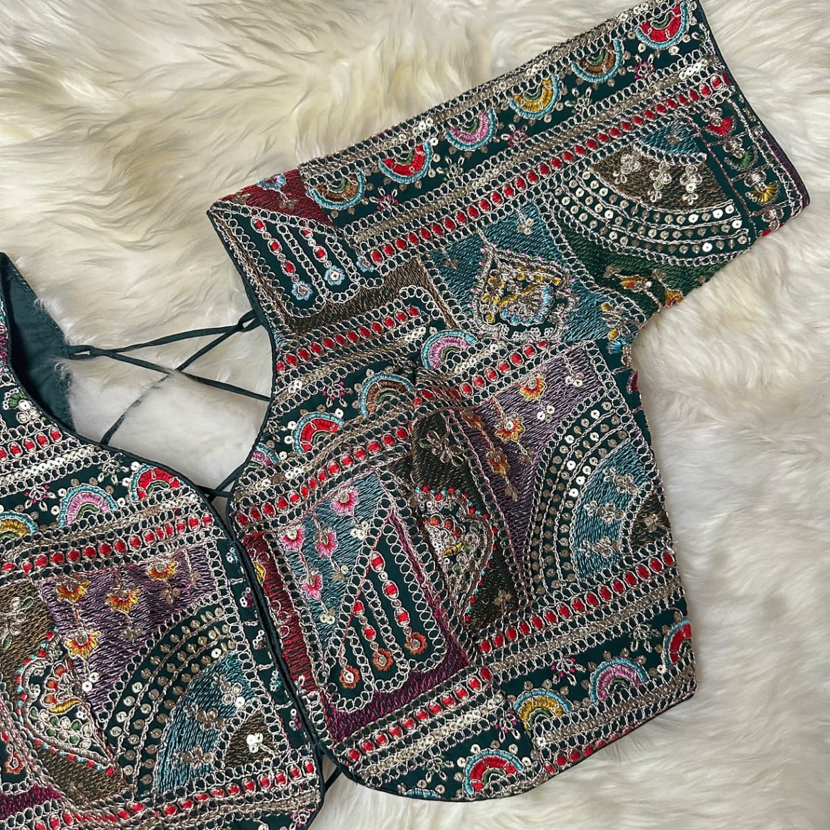 Festive Green Georgette Blouse with Multicolour Embroidery – 7” Sleeves, Laced Back - swadeshsouq.com