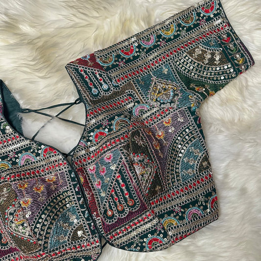 Festive Green Georgette Blouse with Multicolour Embroidery – 7” Sleeves, Laced Back - swadeshsouq.com