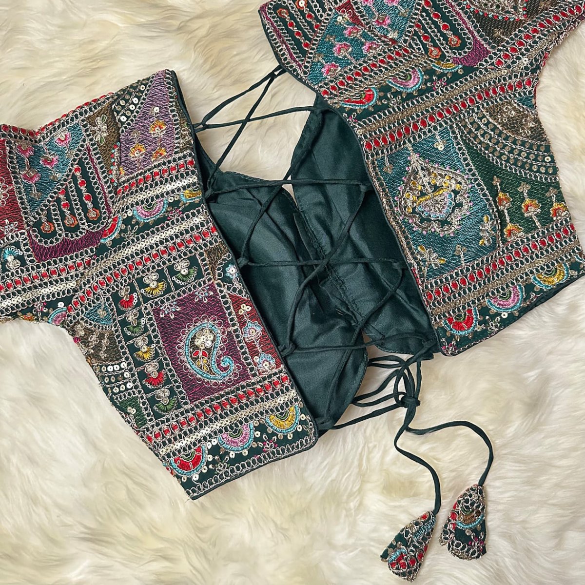 Festive Green Georgette Blouse with Multicolour Embroidery – 7” Sleeves, Laced Back - swadeshsouq.com