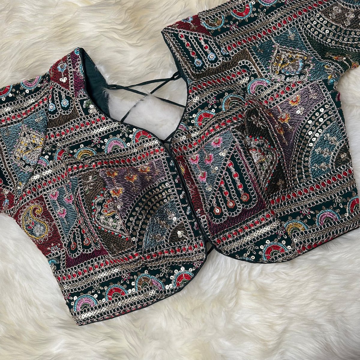 Festive Green Georgette Blouse with Multicolour Embroidery – 7” Sleeves, Laced Back - swadeshsouq.com