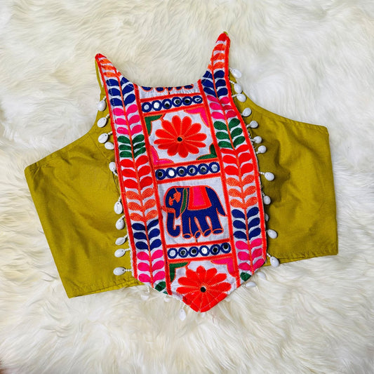 Festive Olive Green Dandiya Pure Cotton Blouse – Sleeveless, Size 32 - 40 - swadeshsouq.com