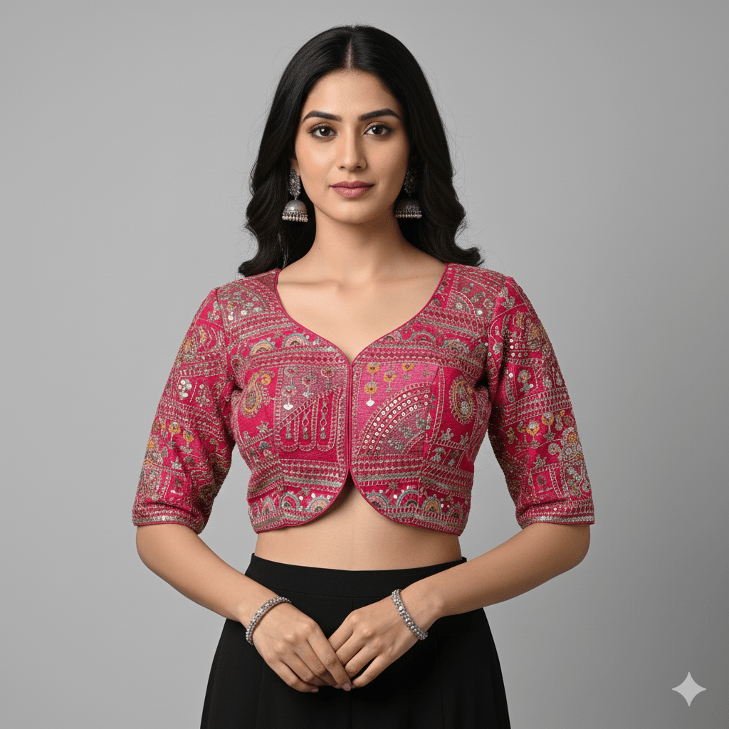 Festive Pink Georgette Blouse with Multicolour Embroidery – 7” Sleeves, Laced Back fits(32 to 40) - swadeshsouq.com