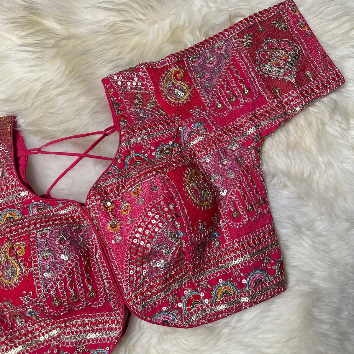 Festive Pink Georgette Blouse with Multicolour Embroidery – 7” Sleeves, Laced Back fits(32 to 40) - swadeshsouq.com