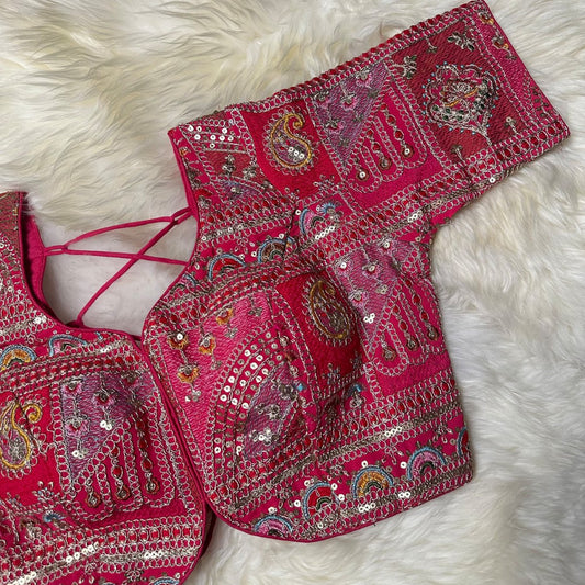 Festive Pink Georgette Blouse with Multicolour Embroidery – 7” Sleeves, Laced Back fits(32 to 40) - swadeshsouq.com