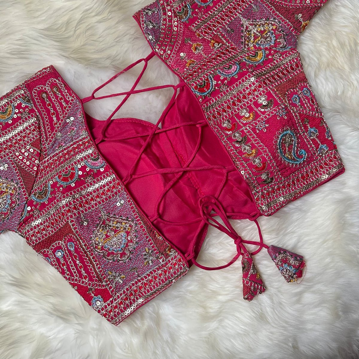 Festive Pink Georgette Blouse with Multicolour Embroidery – 7” Sleeves, Laced Back fits(32 to 40) - swadeshsouq.com