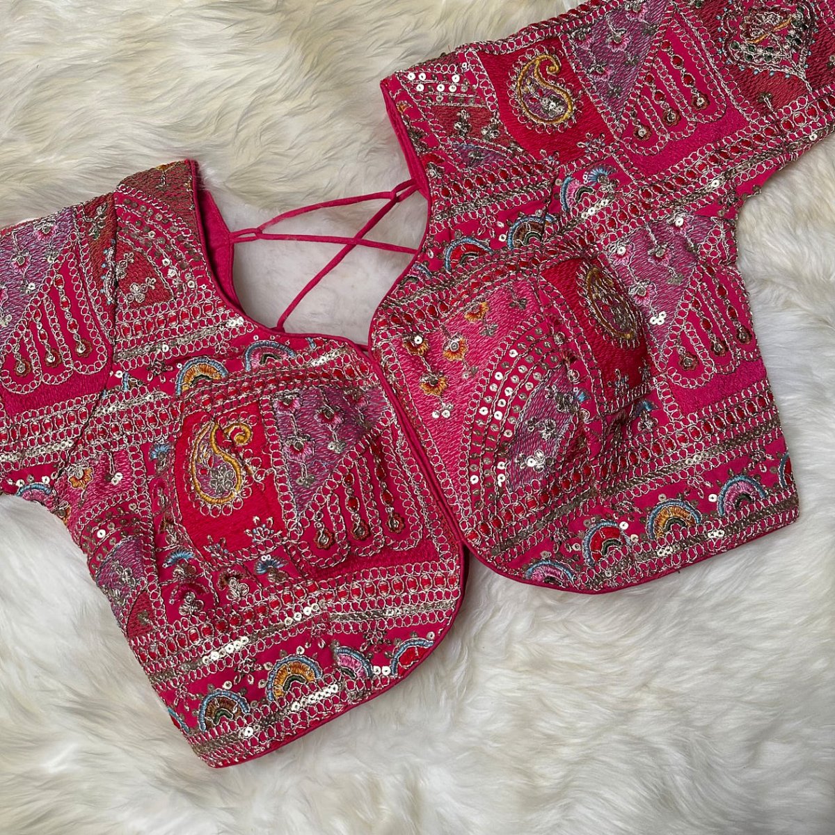 Festive Pink Georgette Blouse with Multicolour Embroidery – 7” Sleeves, Laced Back fits(32 to 40) - swadeshsouq.com