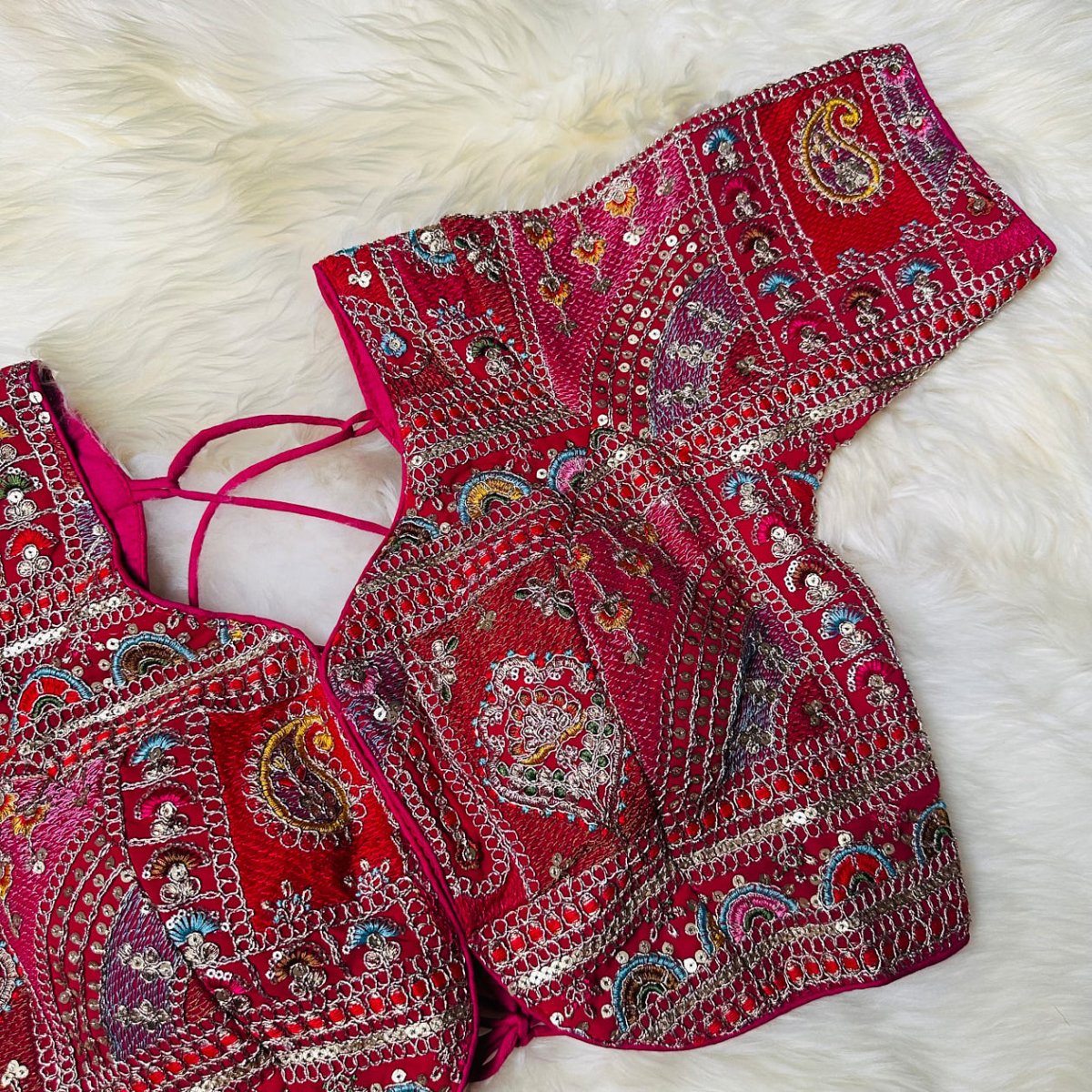 Festive Rani Pink Georgette Blouse with Multicolour Embroidery – 7” Sleeves, Laced Back - swadeshsouq.com