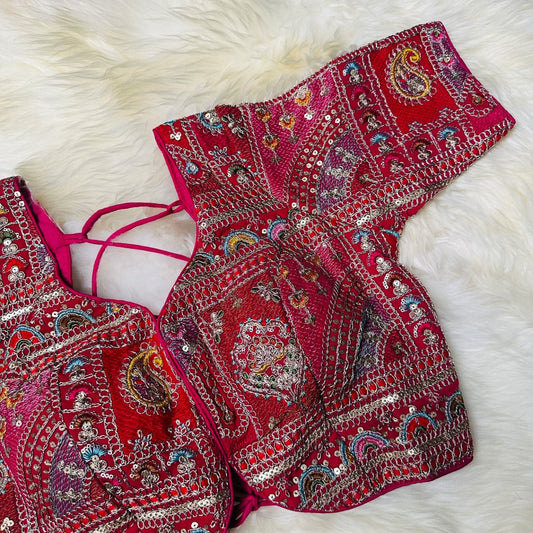 Festive Rani Pink Georgette Blouse with Multicolour Embroidery – 7” Sleeves, Laced Back - swadeshsouq.com