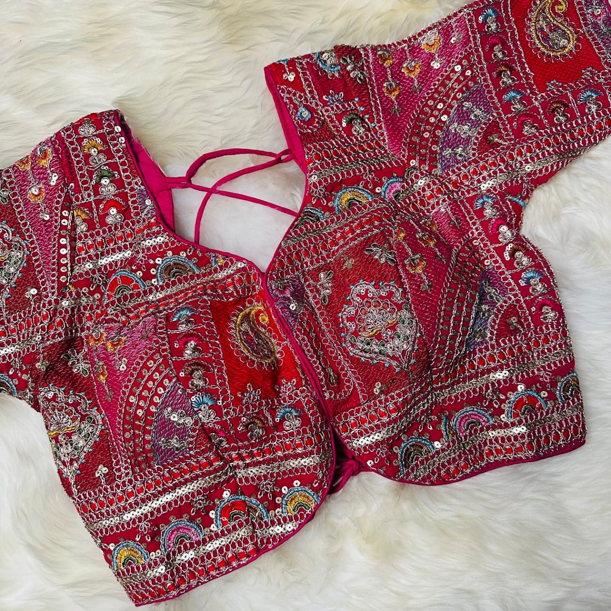 Festive Rani Pink Georgette Blouse with Multicolour Embroidery – 7” Sleeves, Laced Back - swadeshsouq.com